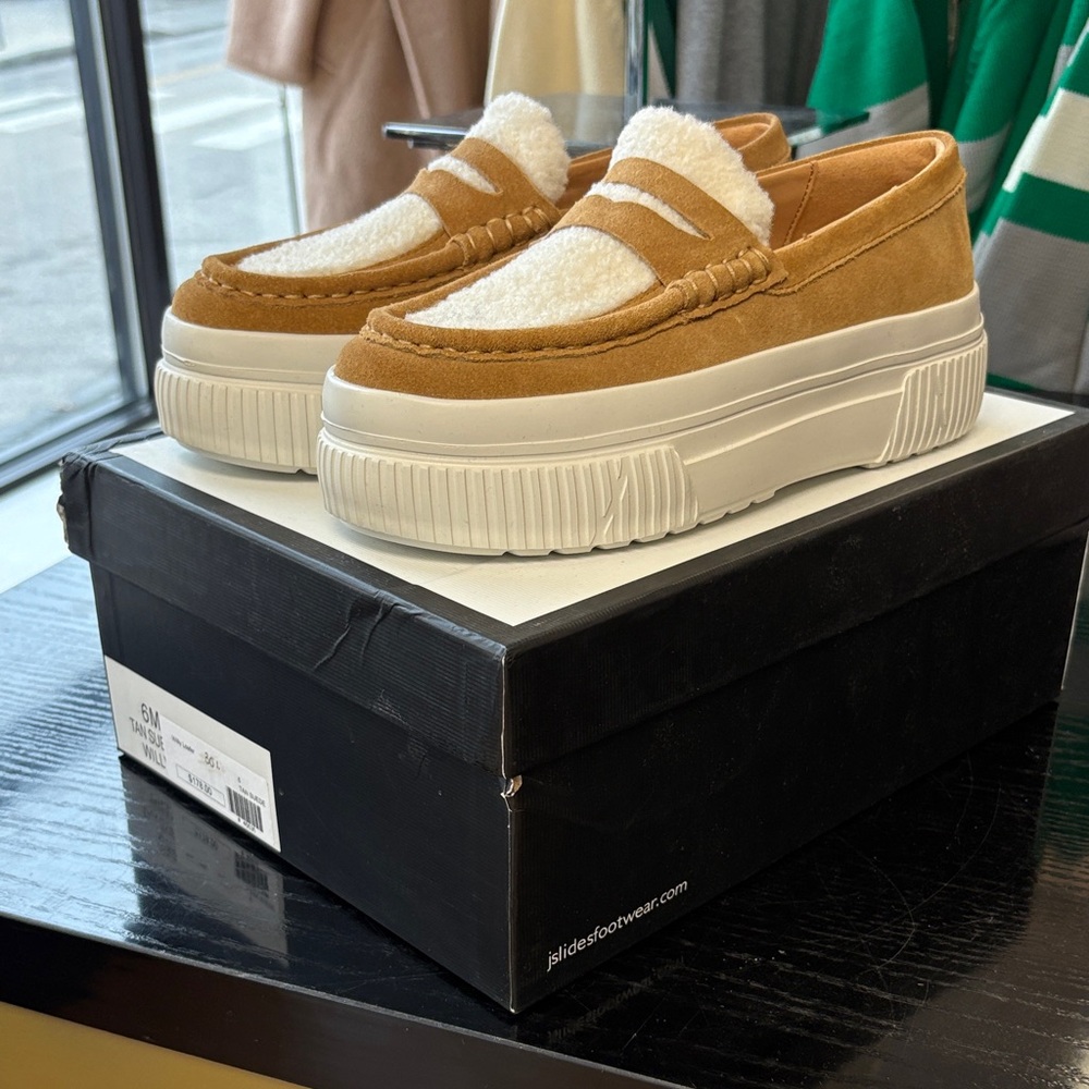 J/Slides Willy Platform Loafers in tan suede